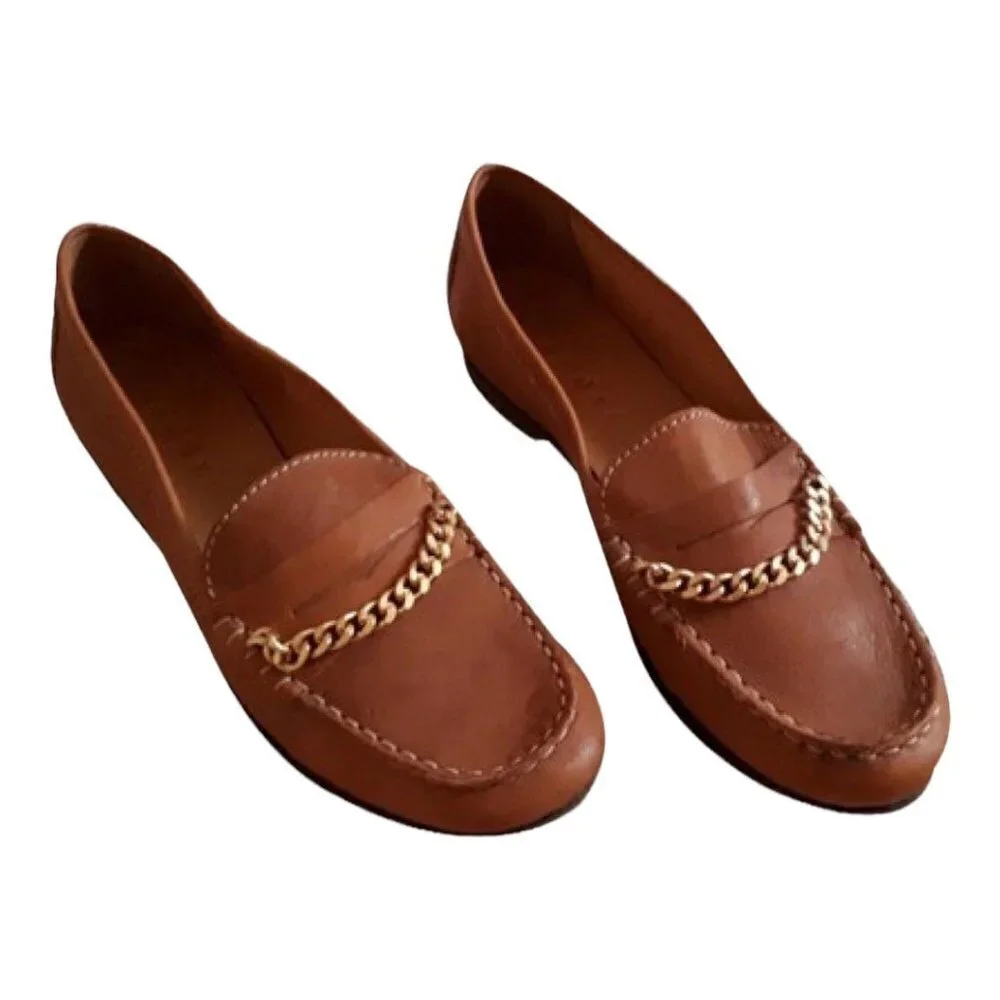 Sandro Brown Saddle Leather‎ Chain Detail Loafers Size US 6 Luxury Designer